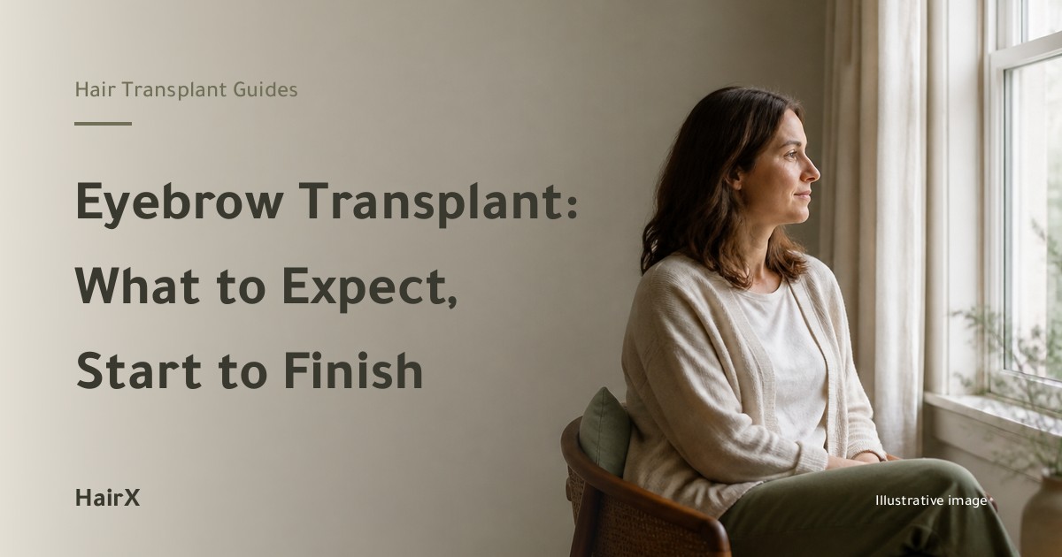 Illustrative image: a woman seated by a bright window in profile — eyebrow transplant guide