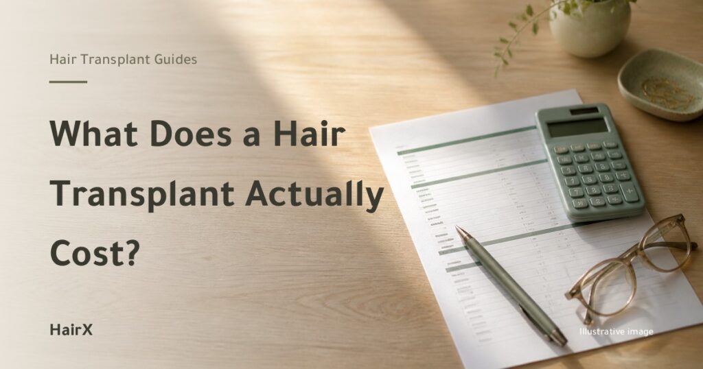 Illustrative image: a printed quotation, calculator and glasses on a desk — what a hair transplant costs