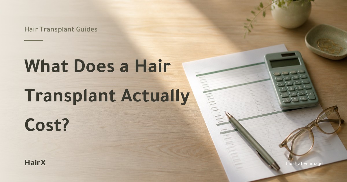Illustrative image: a printed quotation, calculator and glasses on a desk — what a hair transplant costs