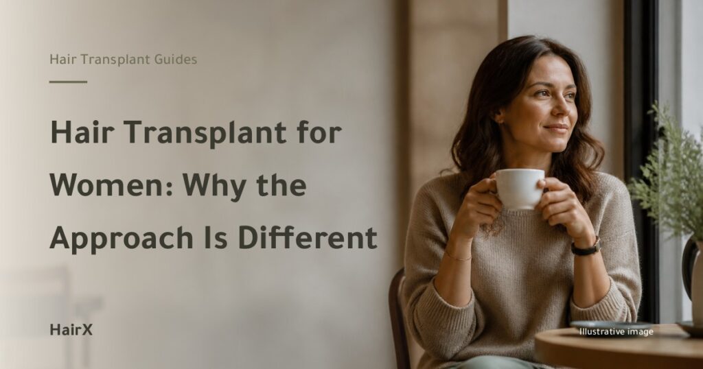 Illustrative image: a woman with a cup by a bright café window — hair transplant for women