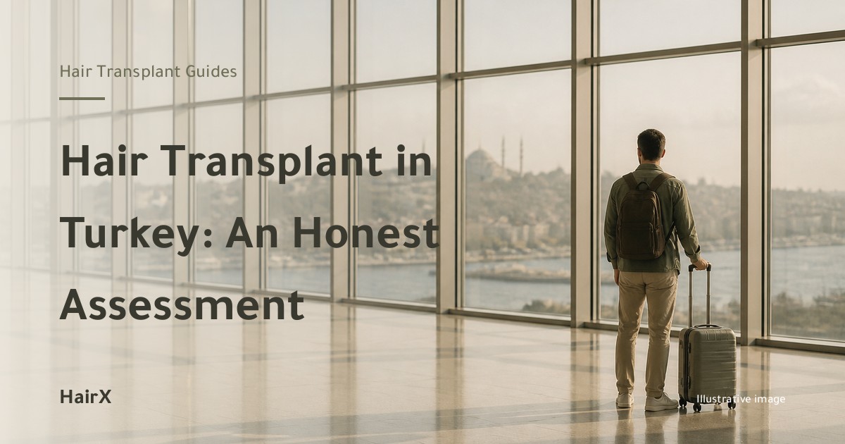 Illustrative image: a traveller with a suitcase in an airport hall overlooking Istanbul — hair transplant in Turkey