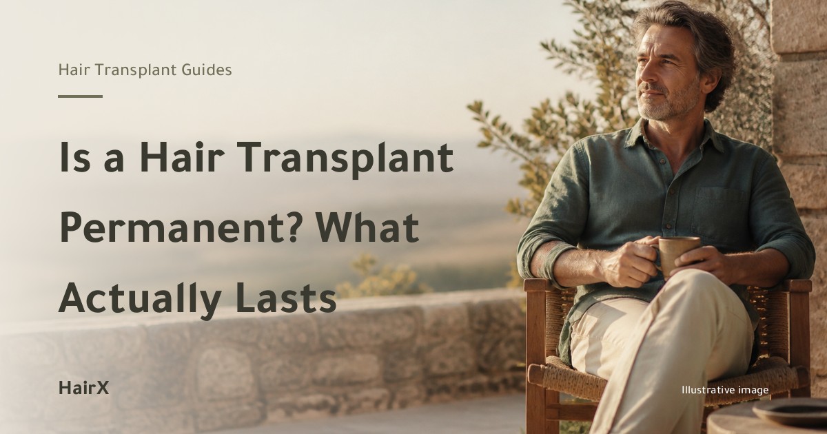 Illustrative image: a relaxed man in his fifties on a terrace in afternoon light — what lasts after a hair transplant
