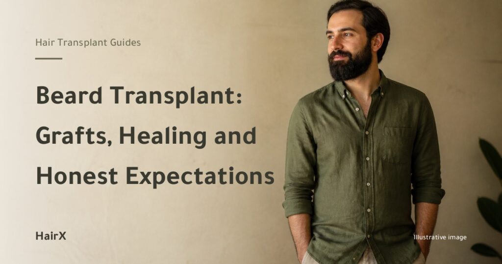 Illustrative image: a man with a full groomed beard in natural light — beard transplant guide