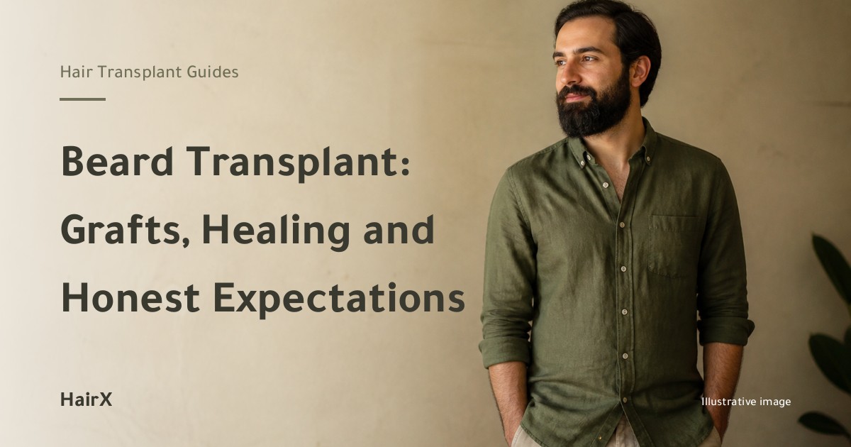 Illustrative image: a man with a full groomed beard in natural light — beard transplant guide