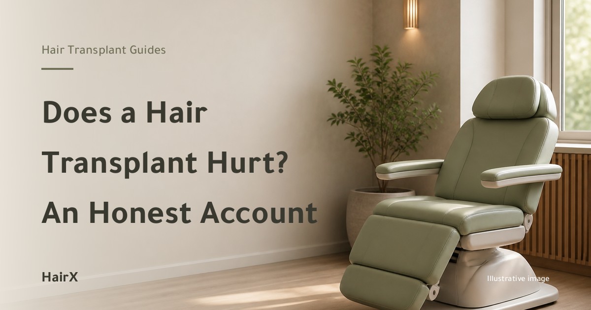 Illustrative image: a comfortable treatment chair in an empty bright clinic room — does a hair transplant hurt