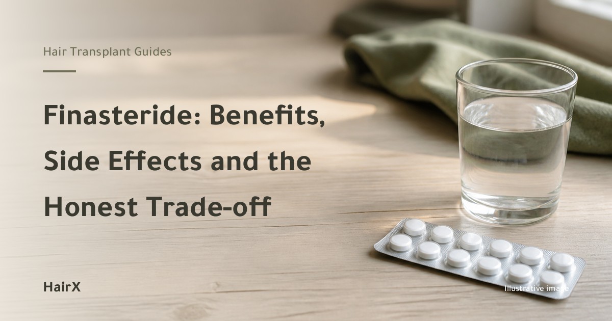 Illustrative image: a blister pack of plain tablets and a glass of water — finasteride trade-offs