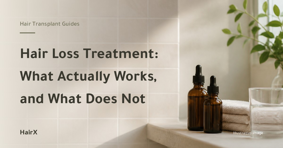 Illustrative image: dropper bottles and a glass of water on a bathroom shelf — hair loss treatments