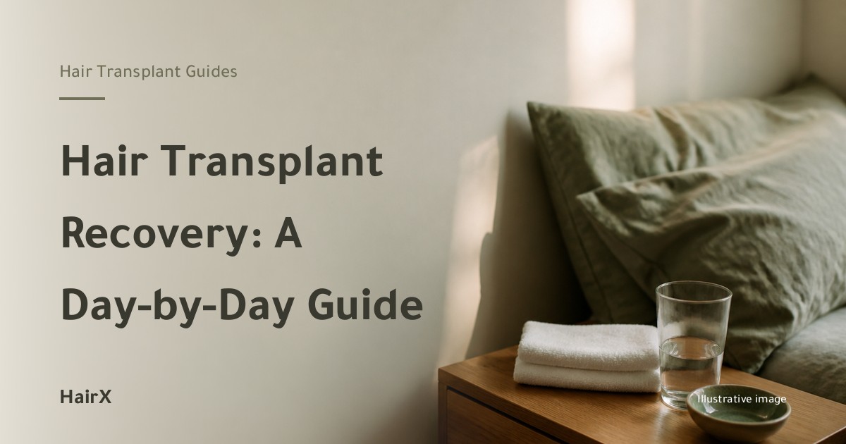 Illustrative image: a folded towel and glass of water on a bedside table in morning light — hair transplant recovery