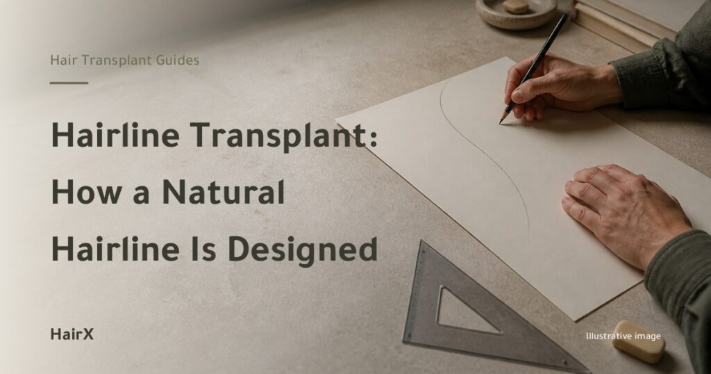 Illustrative image: hands sketching a curved line on paper — designing a natural hairline