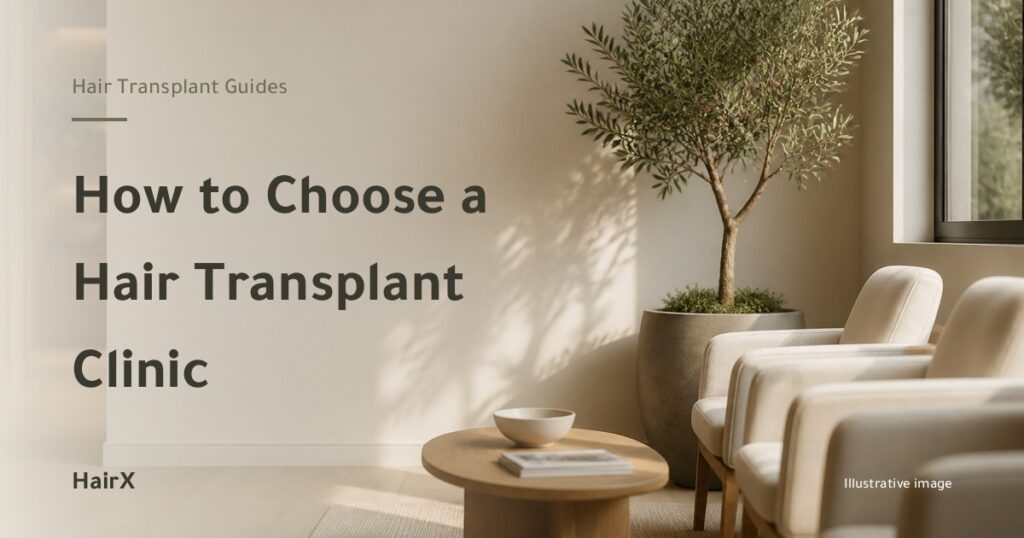 Illustrative image: a calm empty clinic waiting area in warm daylight — how to choose a hair transplant clinic