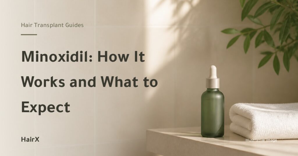 Illustrative image: a dropper bottle and folded towel on a bathroom shelf — minoxidil explained