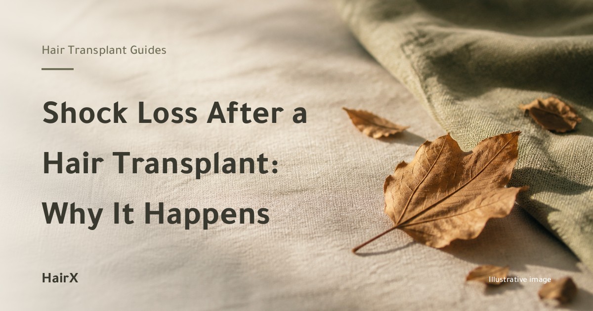 Illustrative image: a single autumn leaf on pale linen — shock loss after a hair transplant