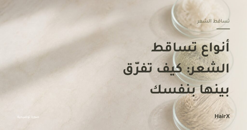 صورة توضيحية: ثلاثة أطباق زجاجية بألياف مختلفة — أنواع تساقط الشعر
