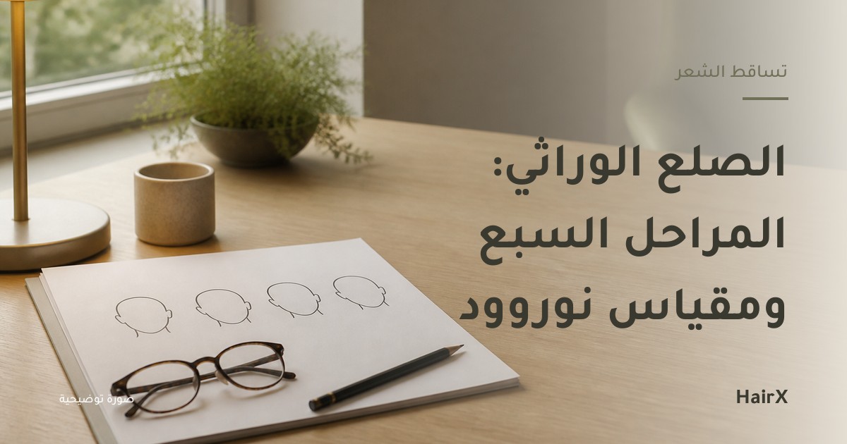 صورة توضيحية: ورقة رسم بياني ونضارة وقلم على مكتب — الصلع الوراثي ومقياس نوروود