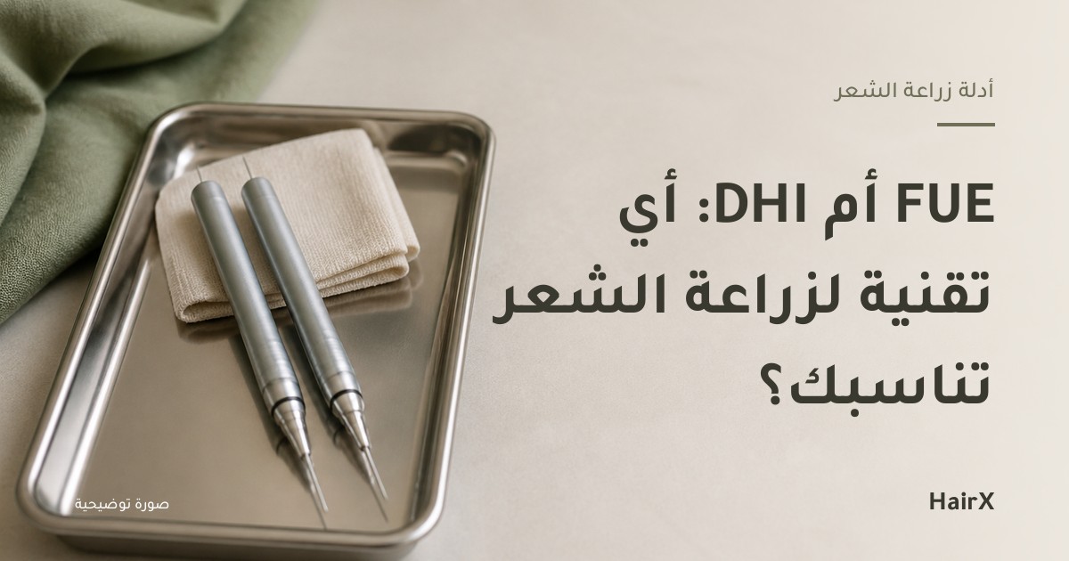 صورة توضيحية: أداتا اقتطاف دقيقتان على صينية معدنية — الفرق بين FUE و DHI