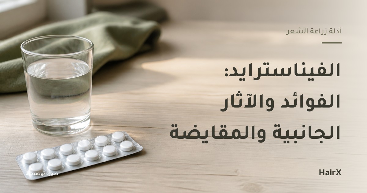 صورة توضيحية: شريط أقراص بيضاء وكوب ماء على سطح خشبي — الفيناسترايد