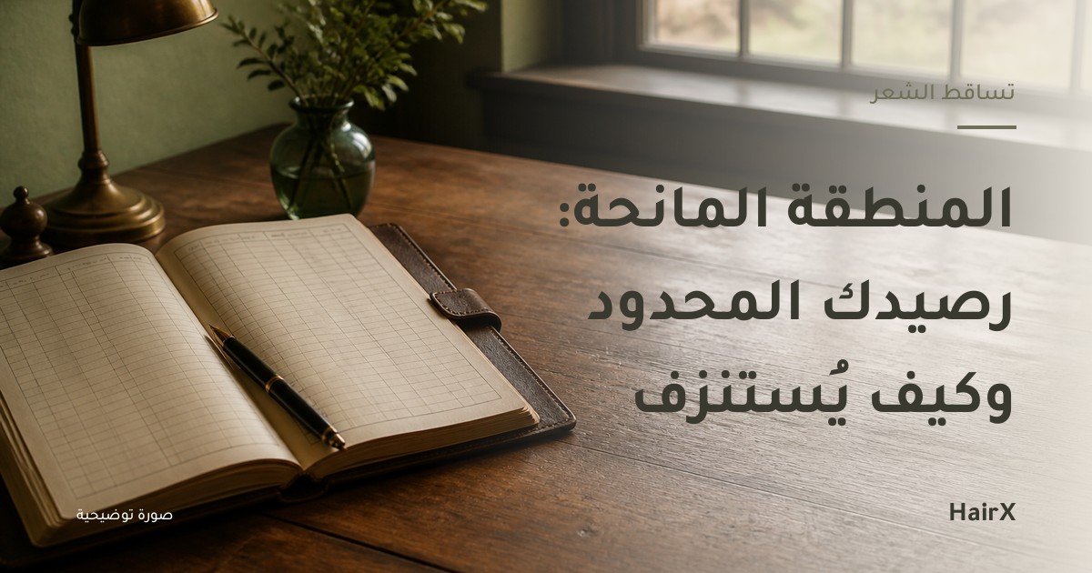 صورة توضيحية: دفتر حسابات جلدي مفتوح وقلم حبر — المنطقة المانحة ورصيدك المحدود