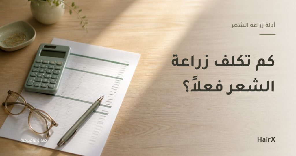 صورة توضيحية: عرض سعر وآلة حاسبة ونظارة على مكتب — تكلفة زراعة الشعر
