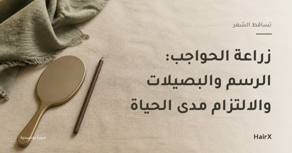 صورة توضيحية: قلم تجميل ومرآة يد على سطح كتاني — زراعة الحواجب