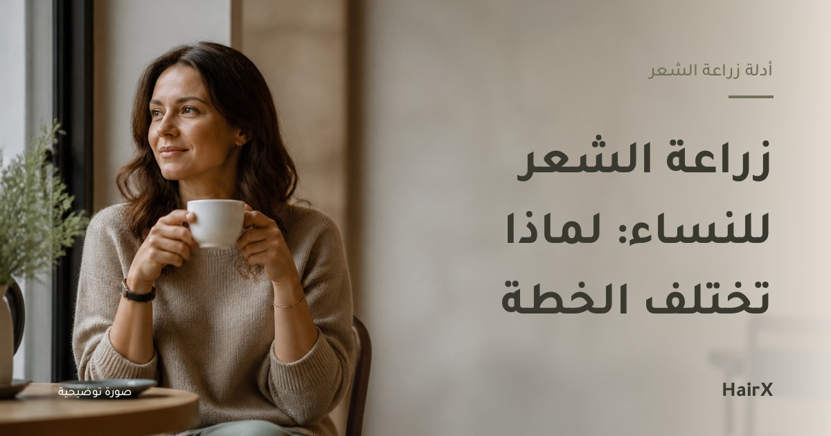 صورة توضيحية: امرأة تحمل فنجاناً أمام نافذة مقهى — زراعة الشعر للنساء