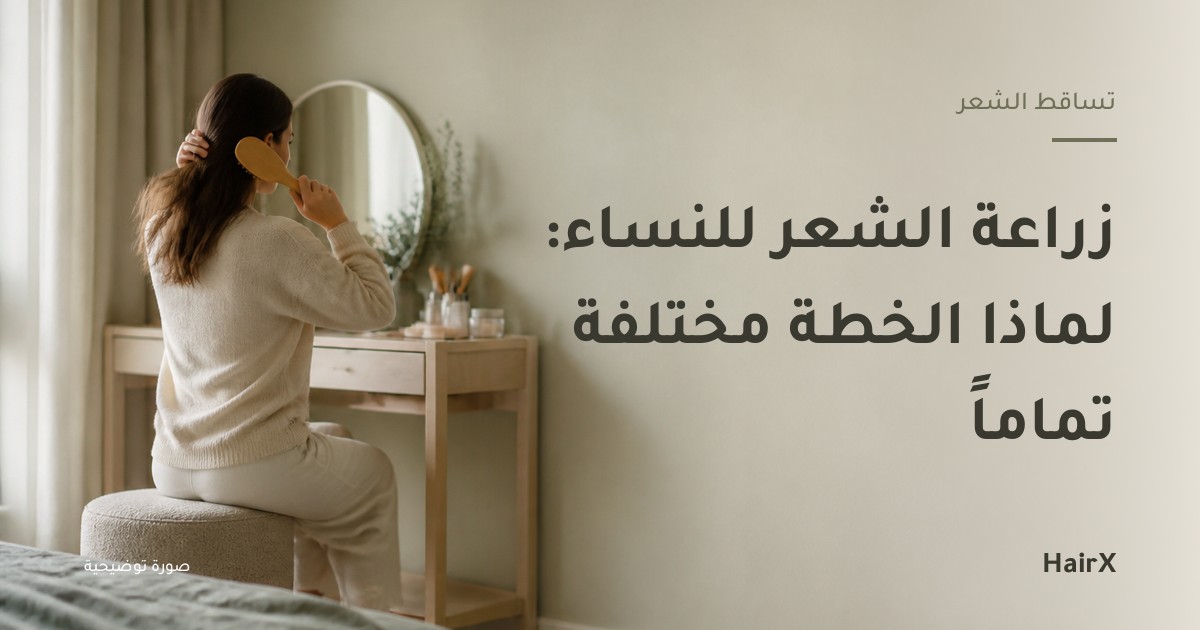 صورة توضيحية: امرأة تسرّح شعرها أمام تسريحة في ضوء الصباح — زراعة الشعر للنساء