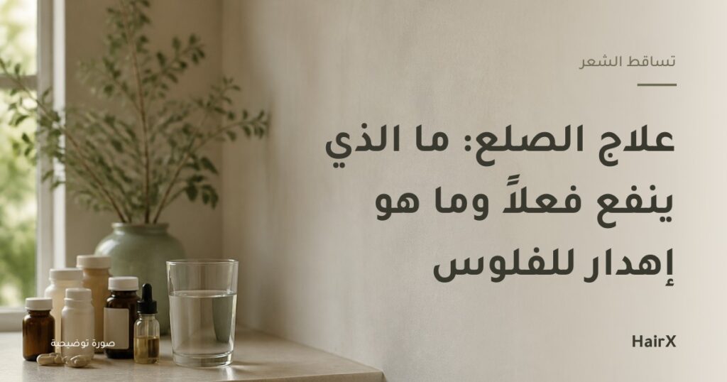 صورة توضيحية: عبوات دواء وكوب ماء على رف في ضوء النهار — علاج الصلع