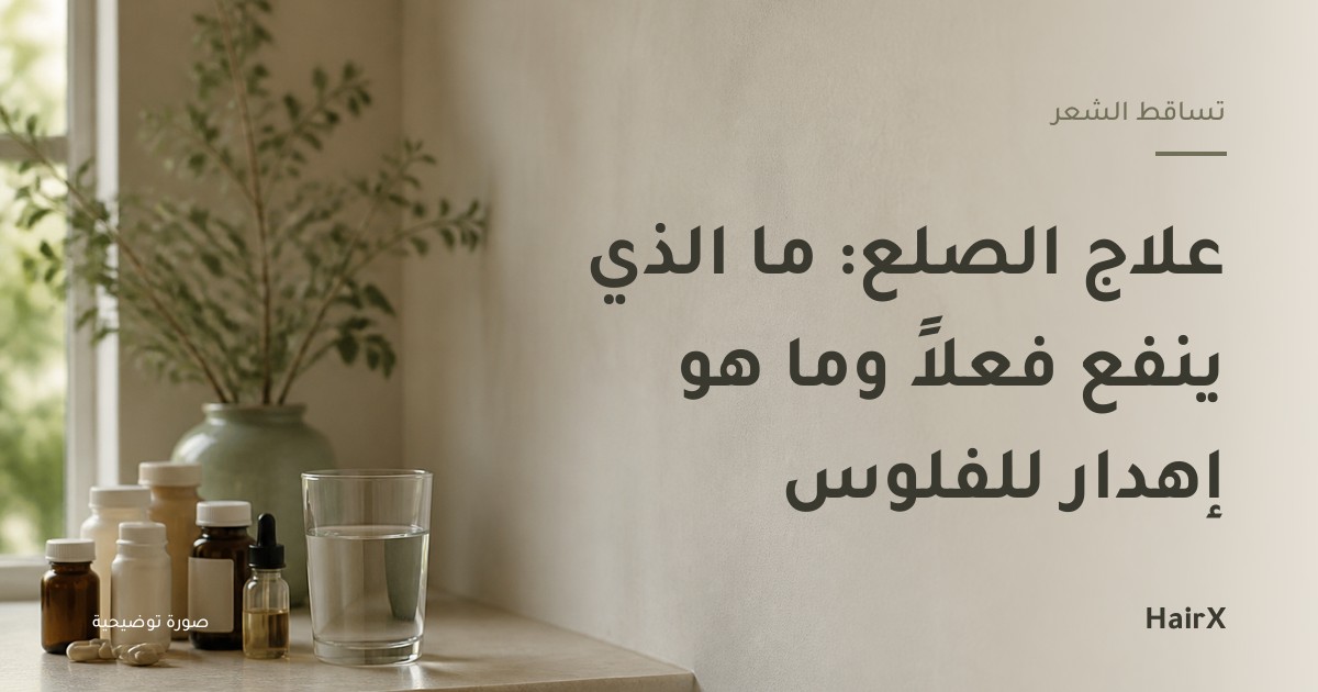 صورة توضيحية: عبوات دواء وكوب ماء على رف في ضوء النهار — علاج الصلع