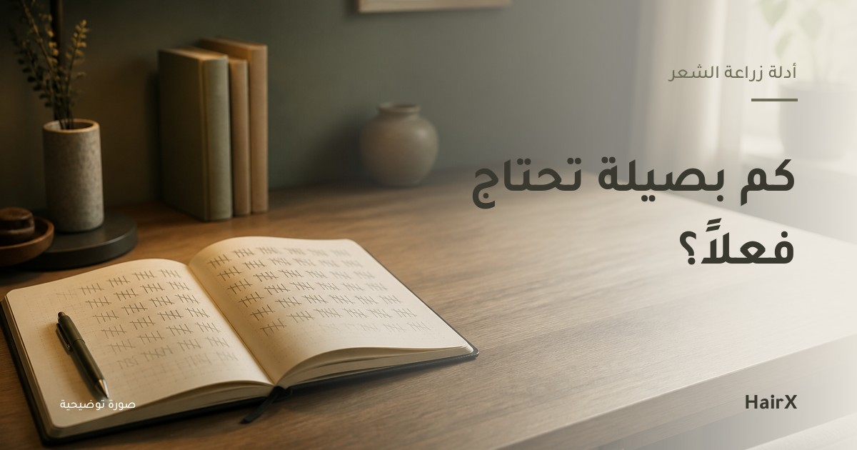 صورة توضيحية: دفتر مفتوح بعلامات إحصاء وقلم — كم بصيلة تحتاج فعلاً