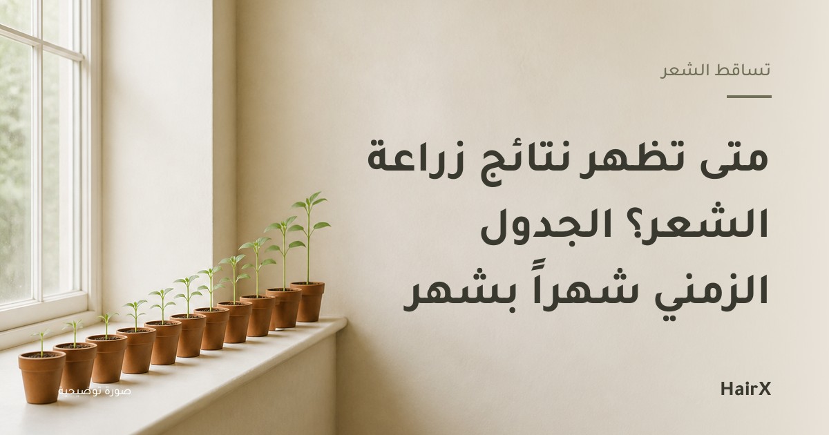 صورة توضيحية: صف من أصص شتلات متدرجة الارتفاع على حافة نافذة — متى تظهر نتائج زراعة الشعر
