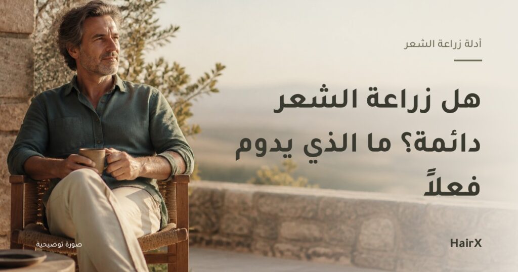 صورة توضيحية: رجل في الخمسينات جالس على شرفة في ضوء العصر — هل زراعة الشعر دائمة