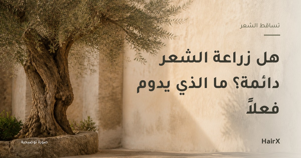 صورة توضيحية: شجرة زيتون معمّرة في فناء بضوء العصر — هل زراعة الشعر دائمة