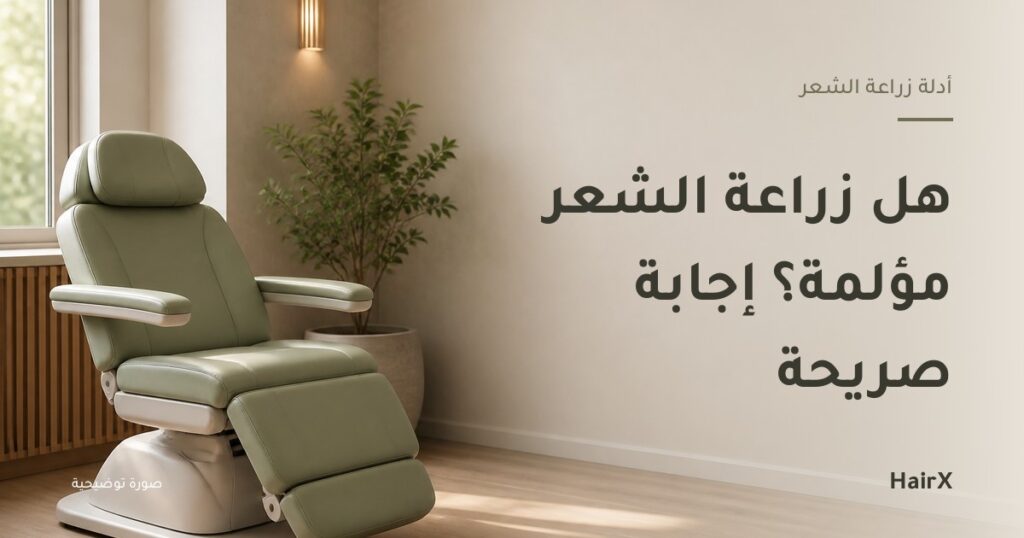 صورة توضيحية: كرسي علاج مريح في غرفة عيادة فارغة — هل زراعة الشعر مؤلمة